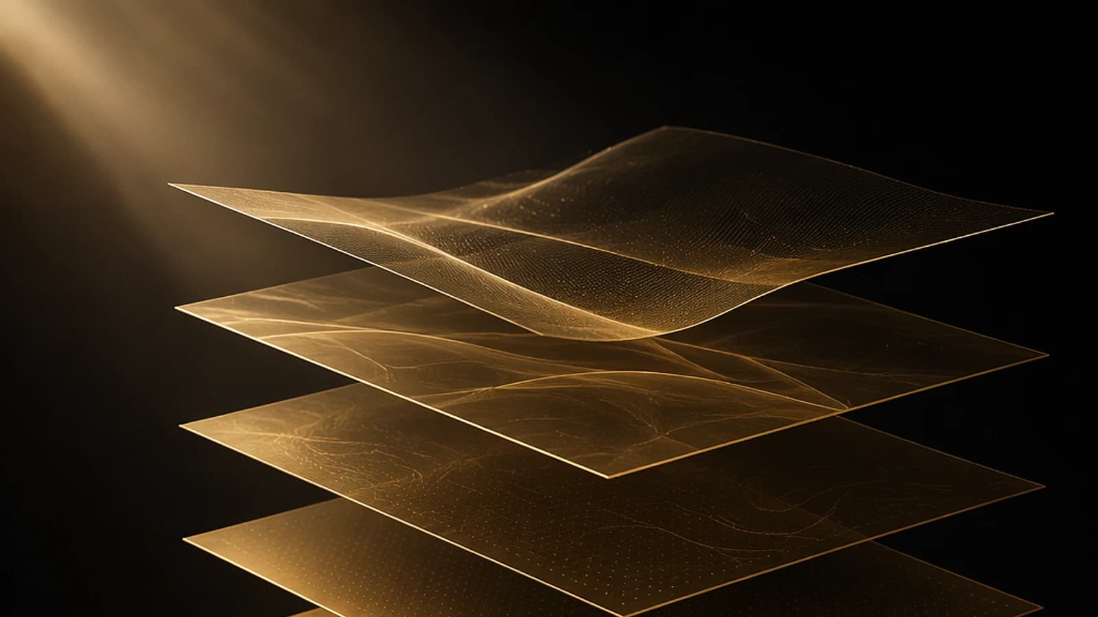 Couches translucides flottantes sur fond sombre, éclairées par un faisceau lumineux.