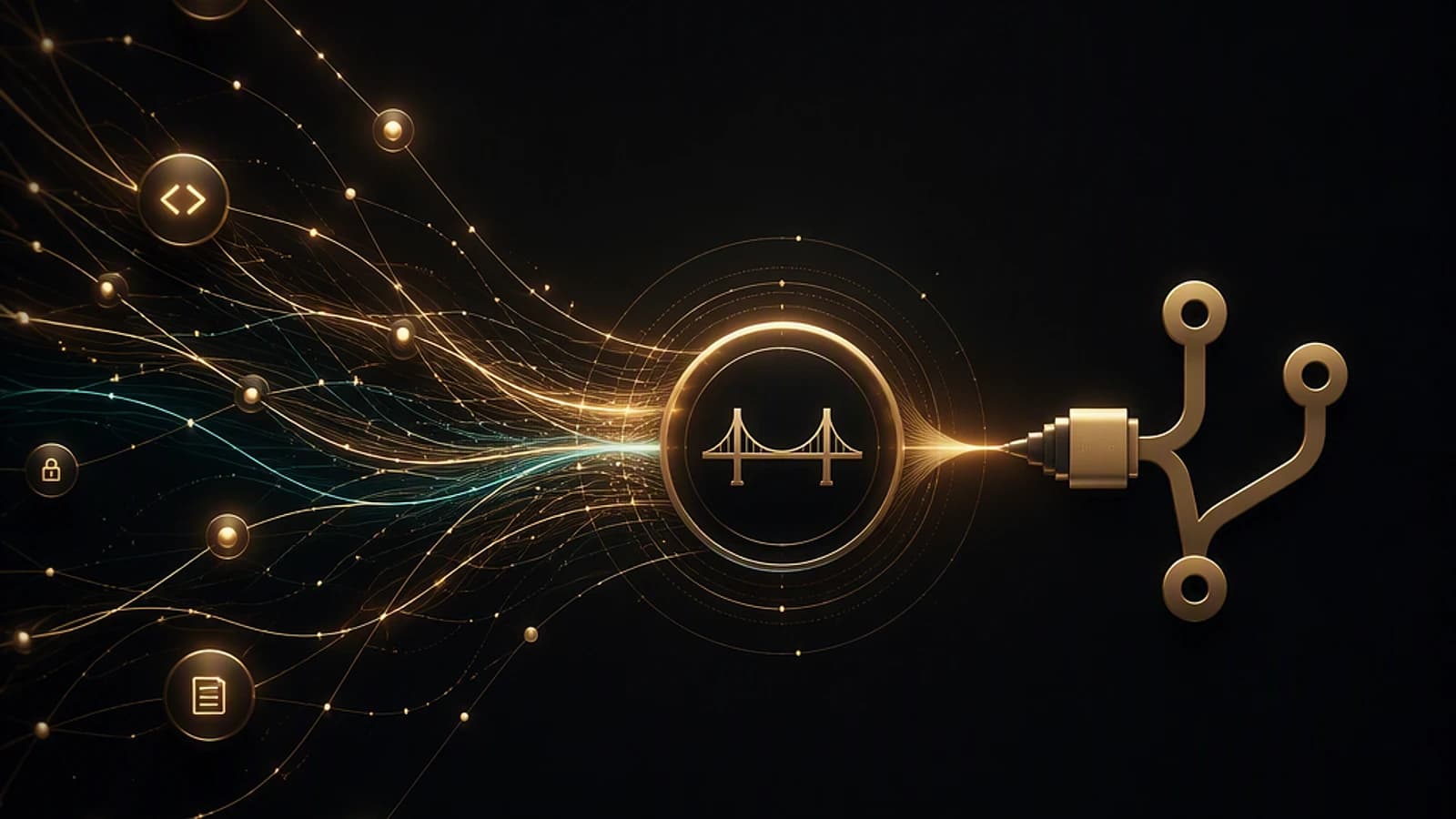 Flux lumineux doré symbolisant une connexion entre IA et outils numériques.