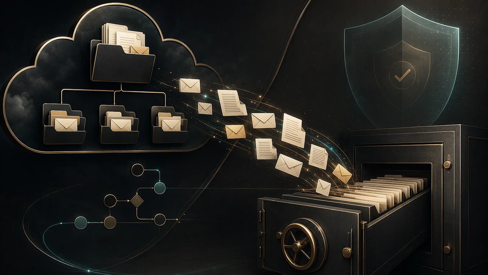Des e-mails quittent des dossiers cloud pour être archivés dans un coffre-fort sécurisé, sous un bouclier de protection.