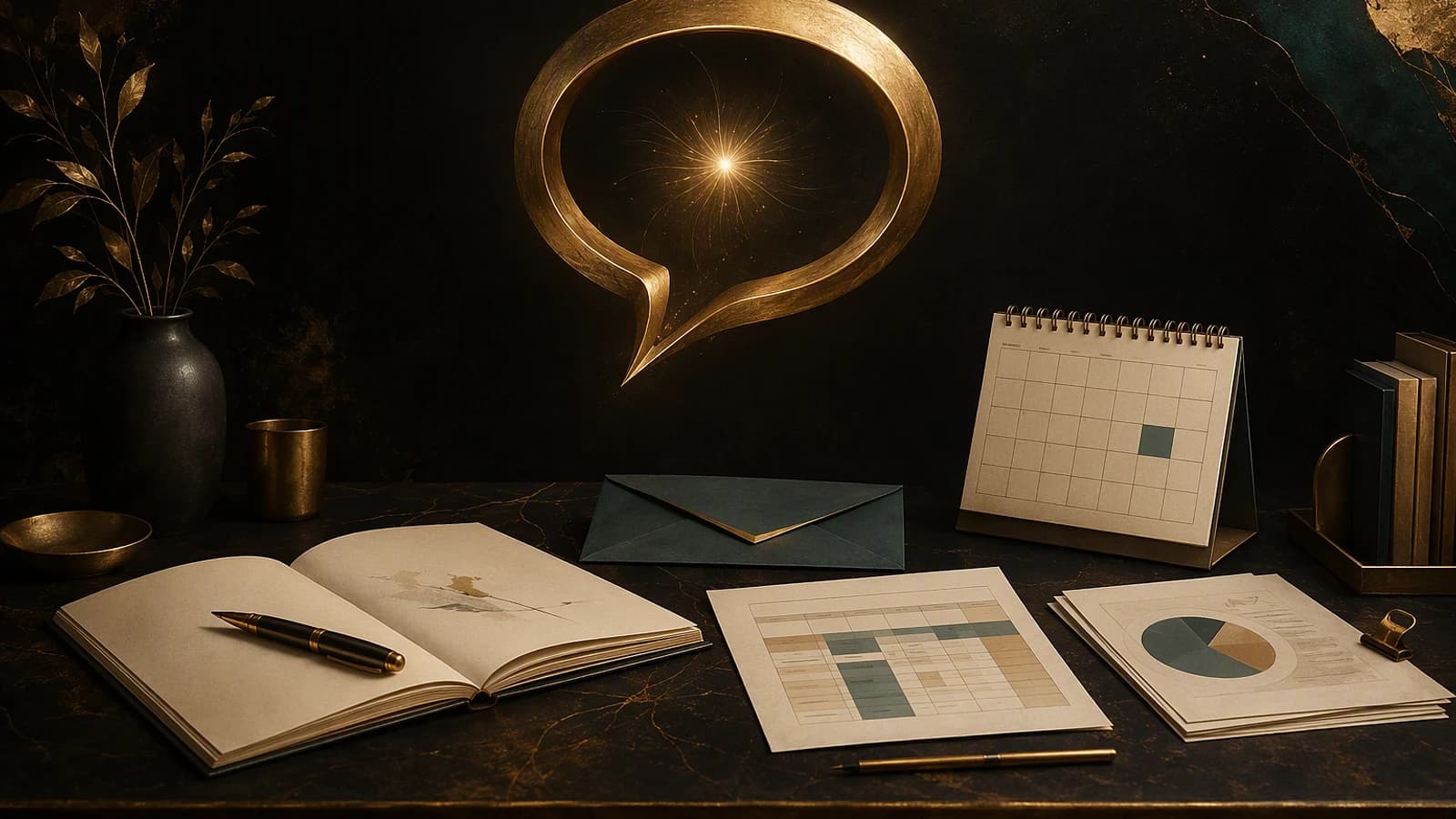 Bureau sombre avec carnet ouvert, stylo, calendrier, graphiques et bulle lumineuse évoquant Microsoft 365 Copilot.