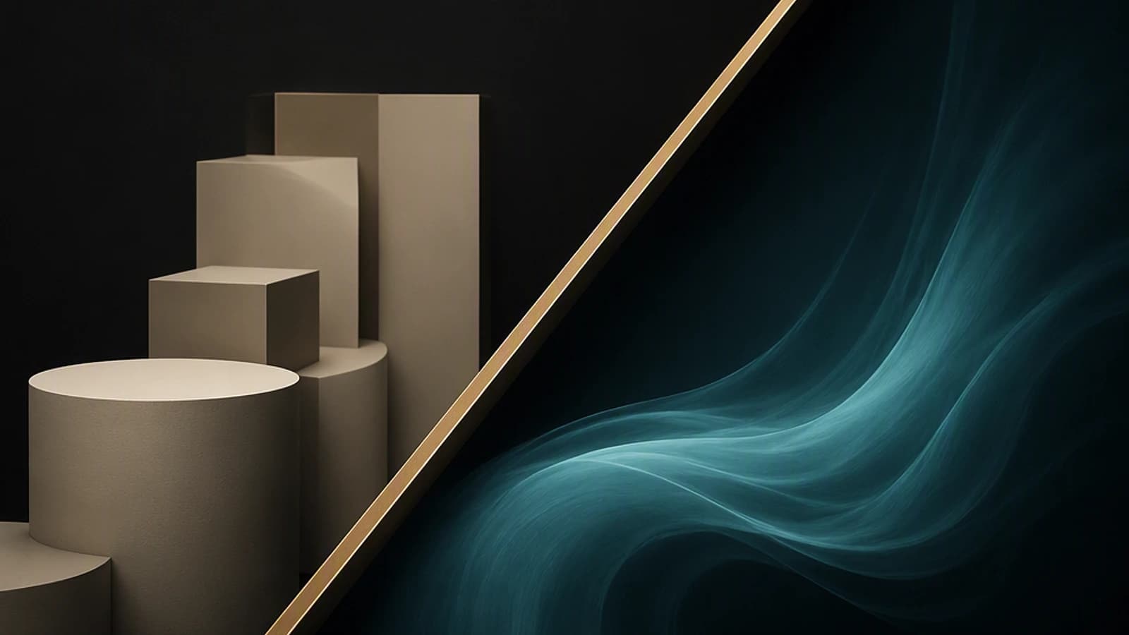 Formes géométriques en beige sur fond noir et vagues turquoise en dégradé.