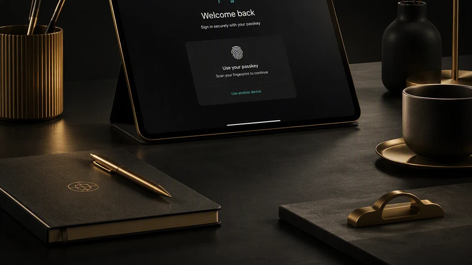 Bureau moderne avec tablette, carnet, stylo et accessoires de bureau élégants.