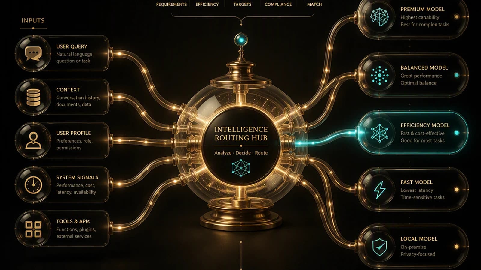 Hub d'acheminement de l'intelligence avec divers modèles et entrées illustrés.