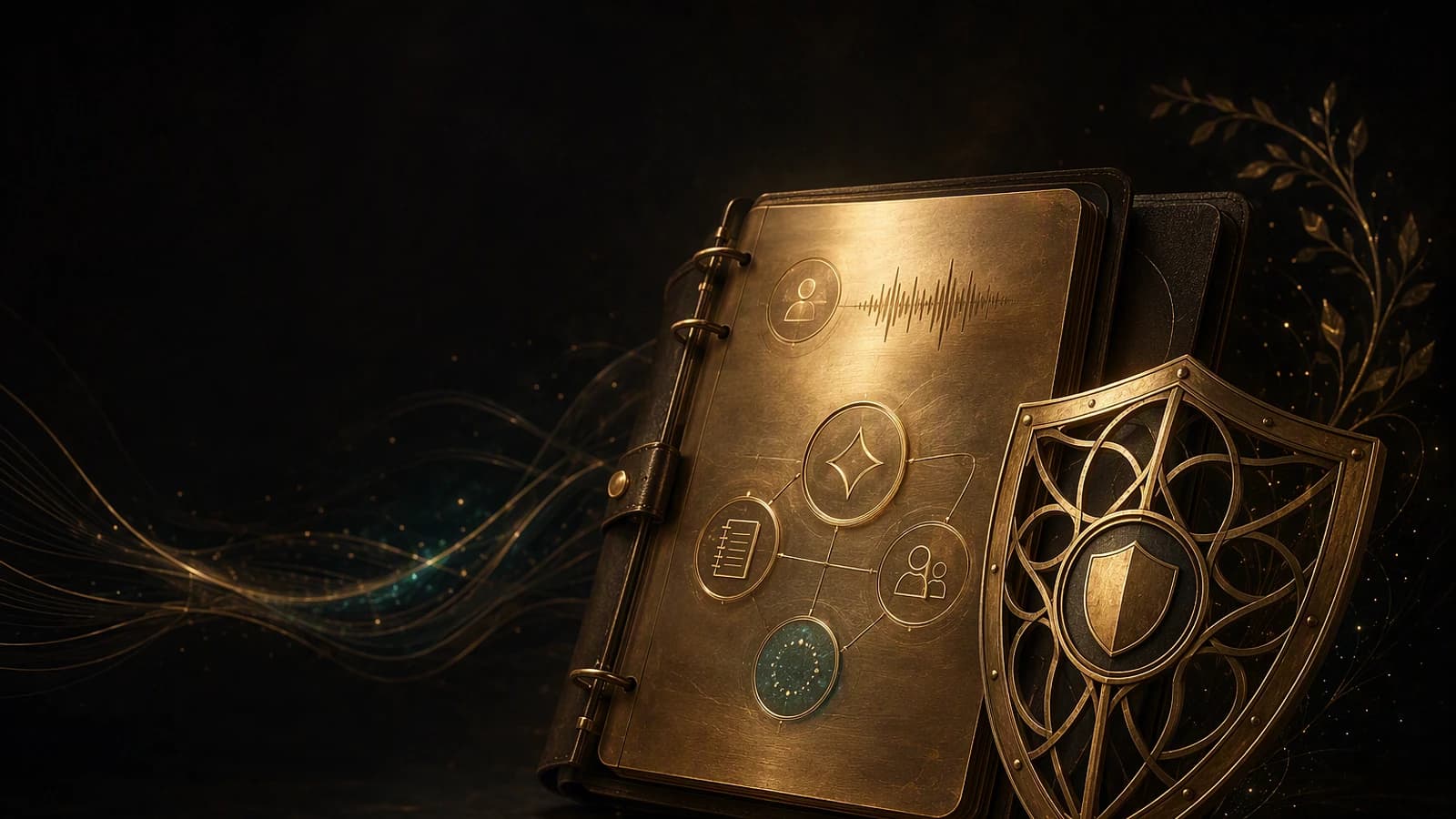 Livre numérique doré avec icônes de sécurité, écran de protection et flux de données lumineux.