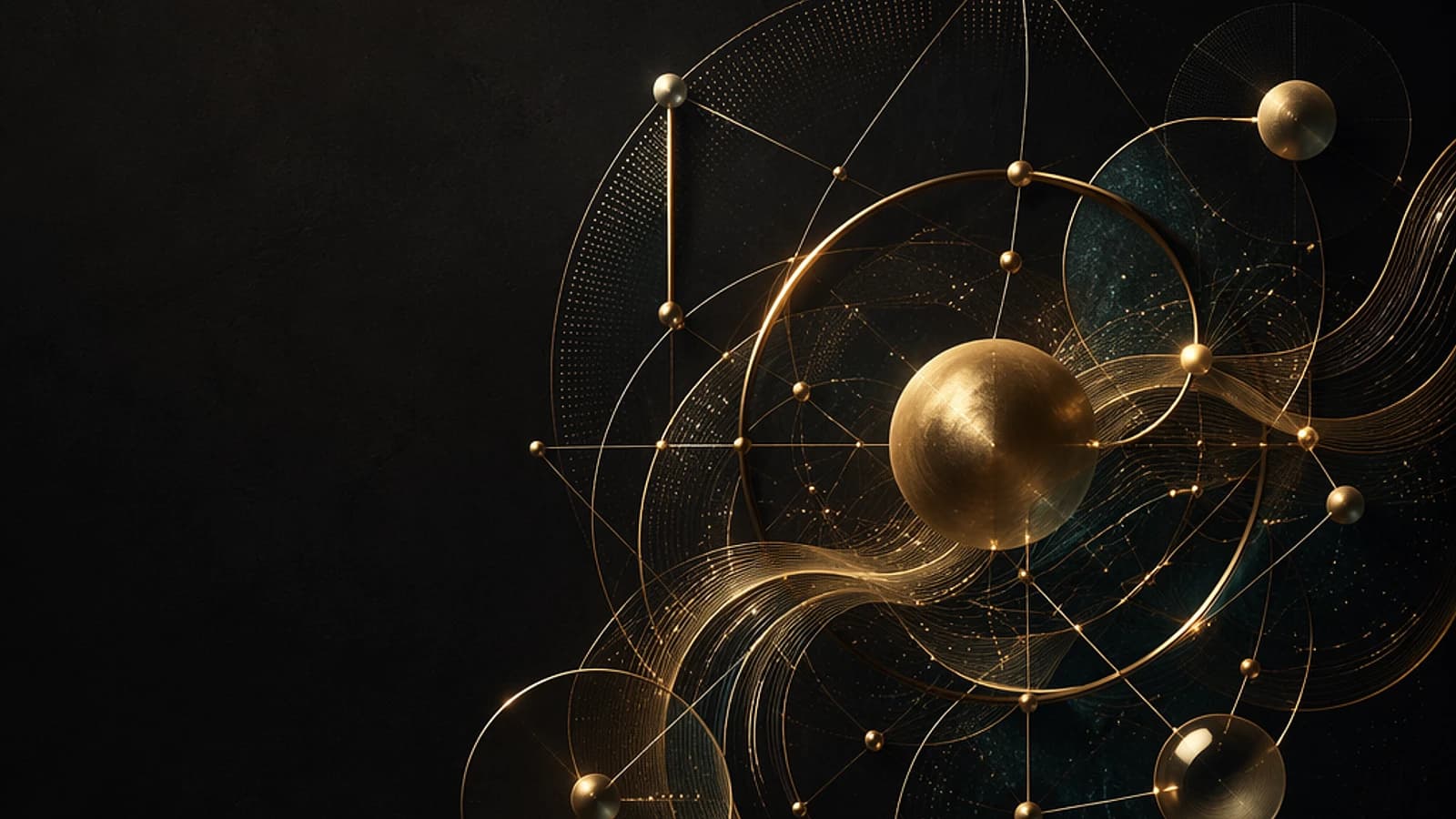 Formes géométriques dorées sur fond noir, évoquant un univers abstrait et technologique.