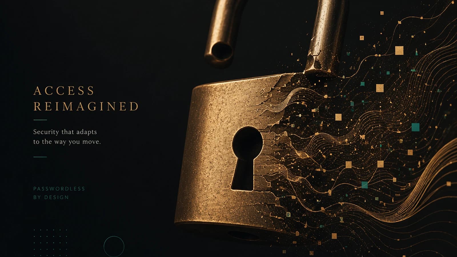 Cadenas doré sur fond noir, avec motifs graphiques abstraits et texte inspirant.
