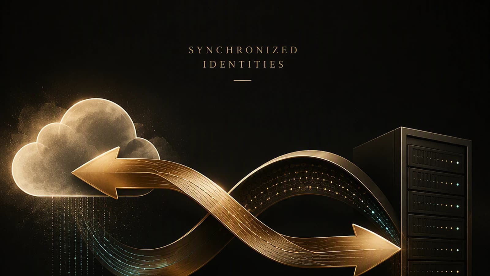 Flèches dorées symbolisant la synchronisation des identités entre le cloud et un serveur.