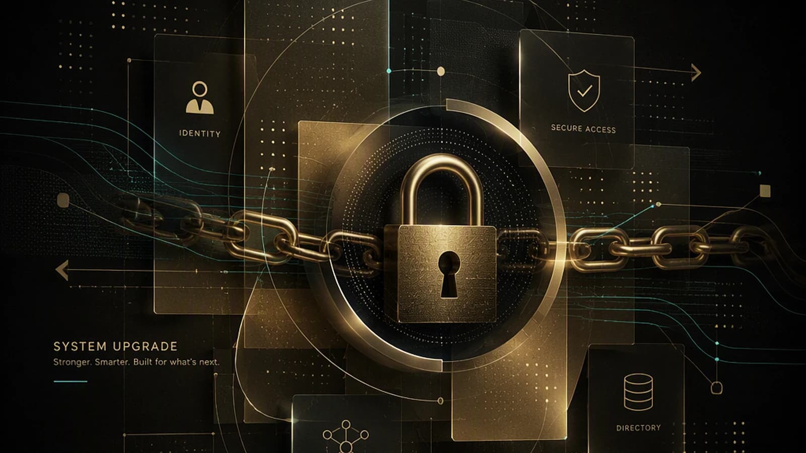 Cadenas doré stylisé au centre, symbolisant la sécurité et la mise à niveau système.
