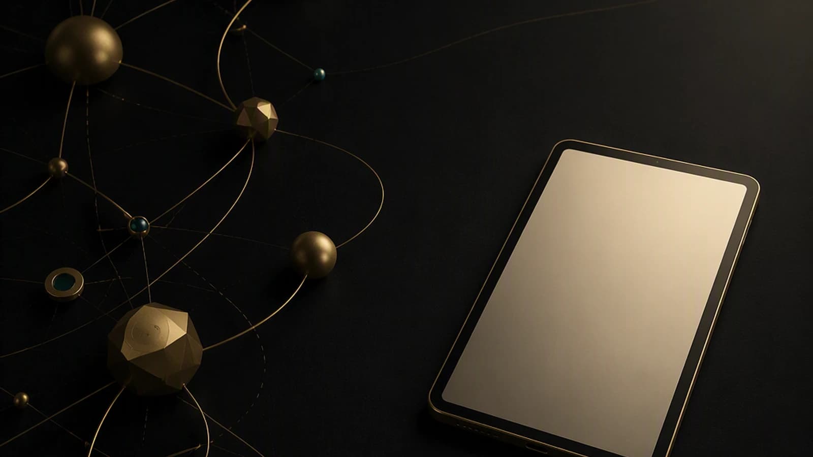 Tablette moderne avec décorations géométriques sur fond sombre.