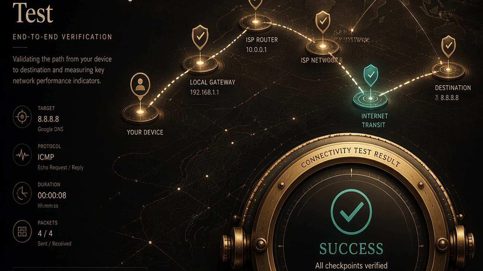 Résultat d'un test de connectivité avec vérification des points de contrôle.