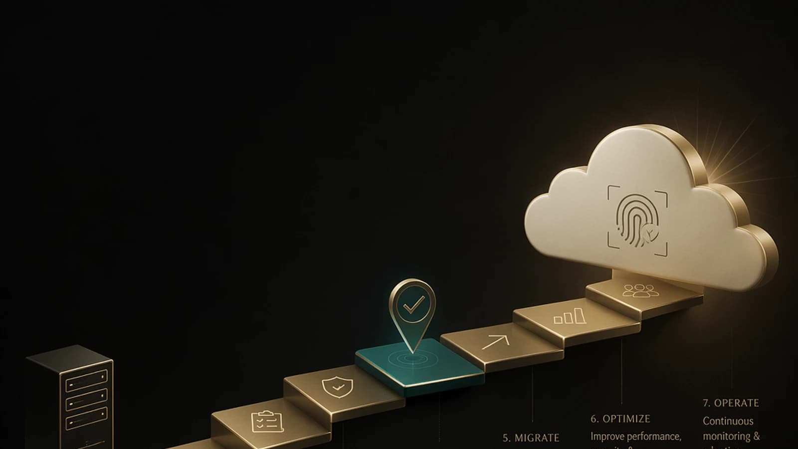 Étapes de migration vers le cloud, avec une icône de validation et de sécurité.