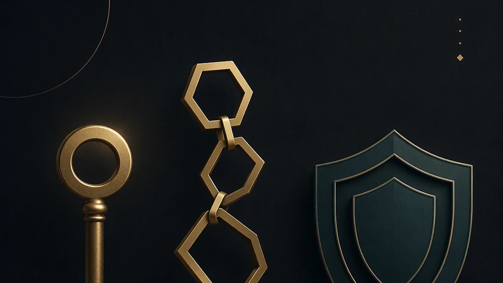 Clé dorée, chaîne hexagonale et bouclier en arrière-plan sombre.