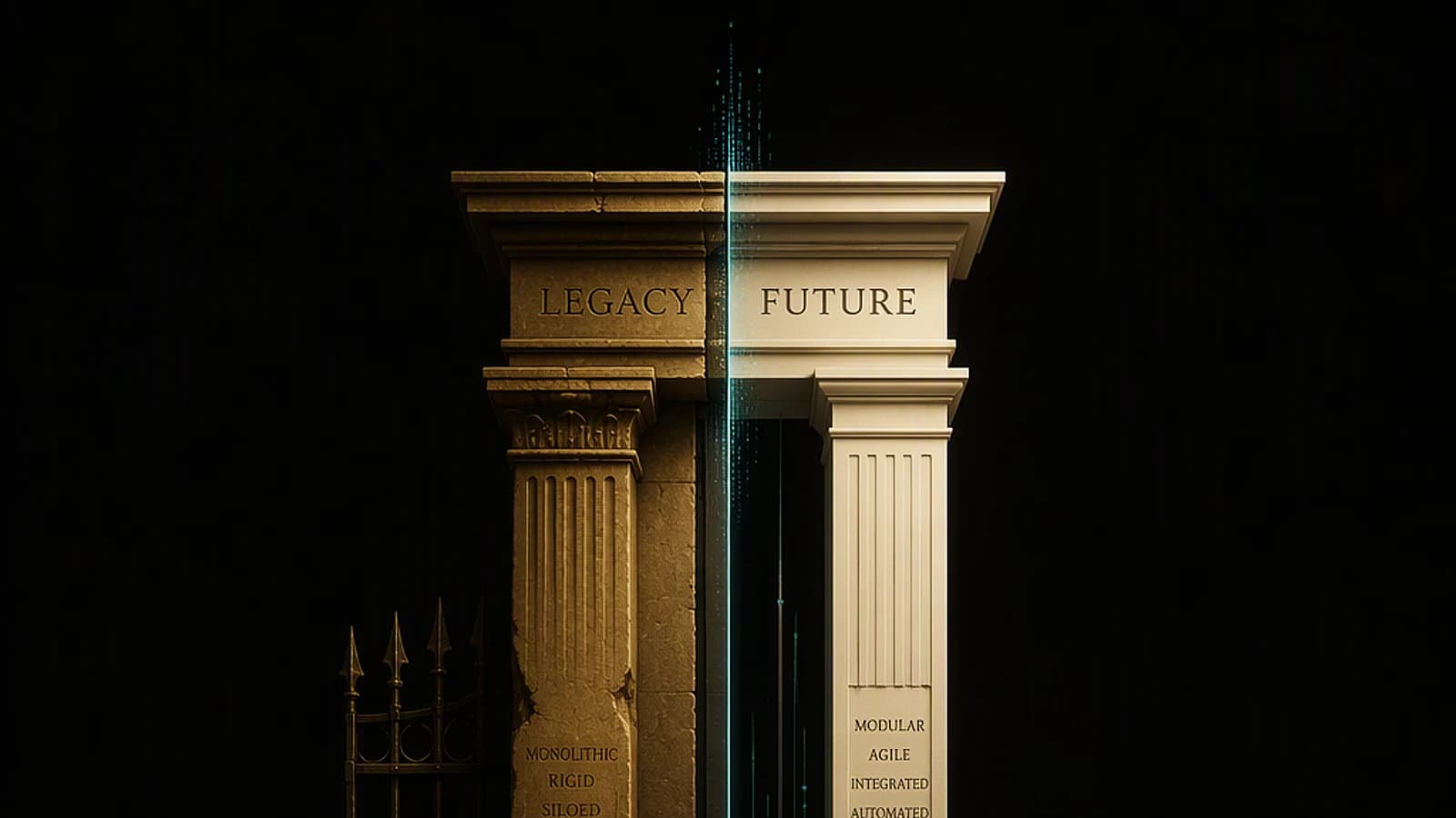 Colonnes représentant le passé (legacy) et le futur, avec des descriptions opposées.