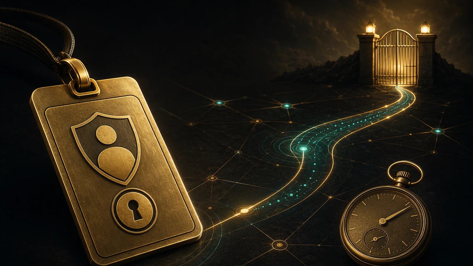 Badge de sécurité et montre de poche reliés par un chemin lumineux à une porte gardée, symbolisant l’activation contrôlée des accès.