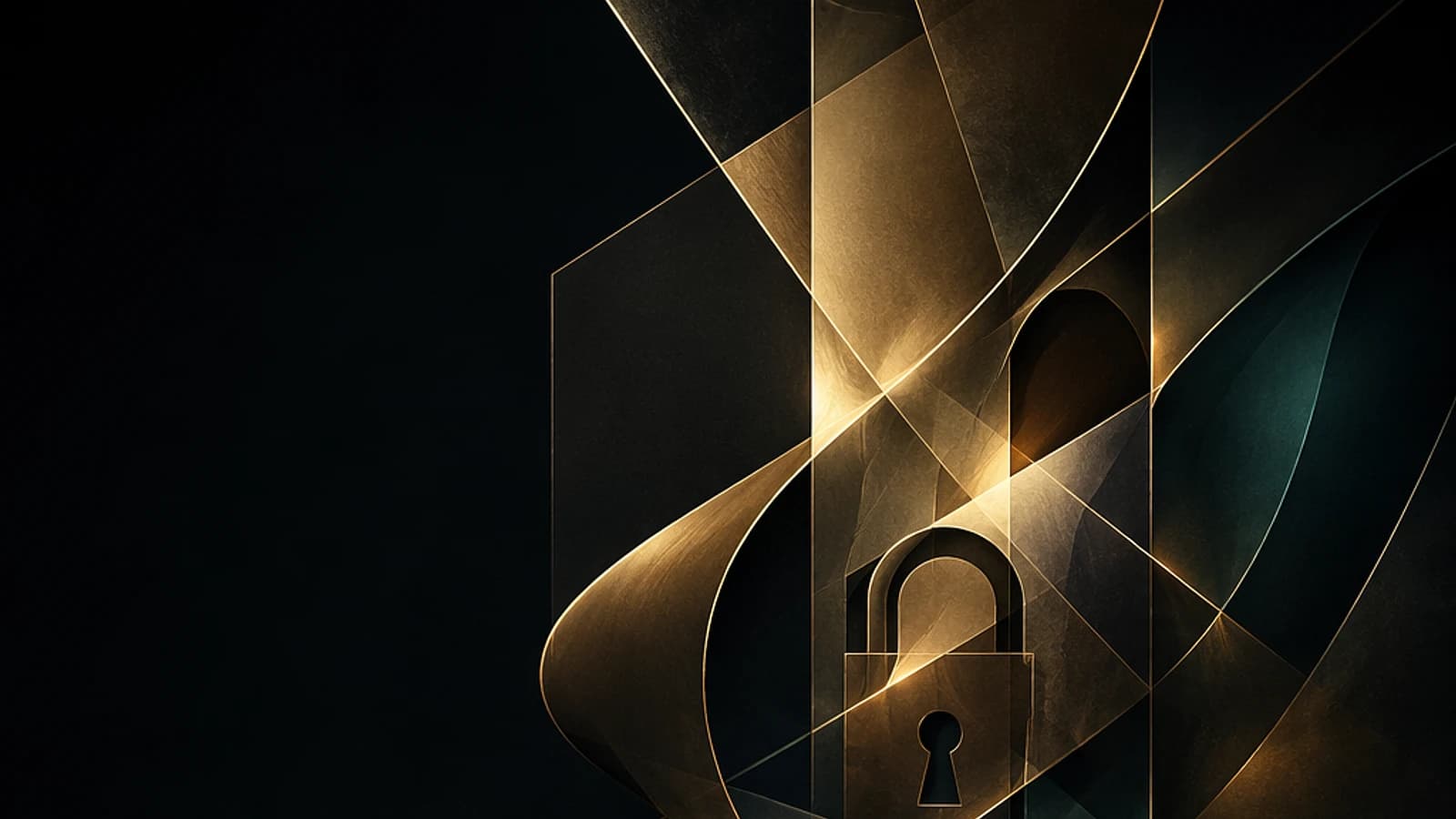 Formes abstraites dorées avec un cadenas sur fond sombre.