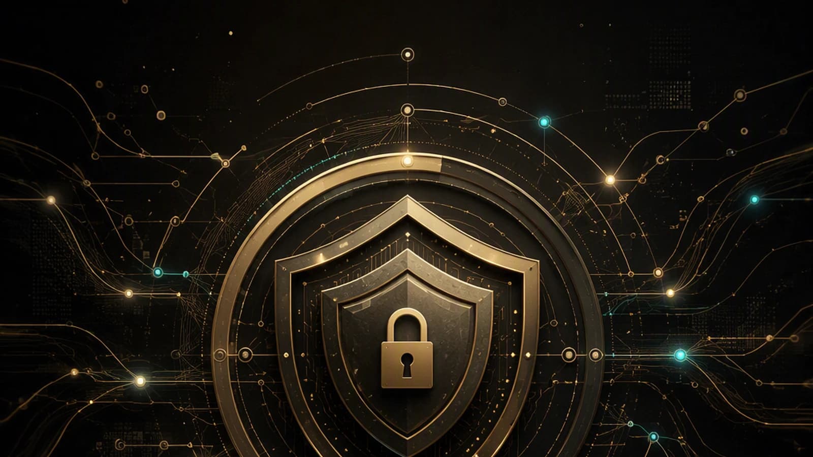 Bouclier doré avec cadenas sur fond numérique et lignes interconnectées.