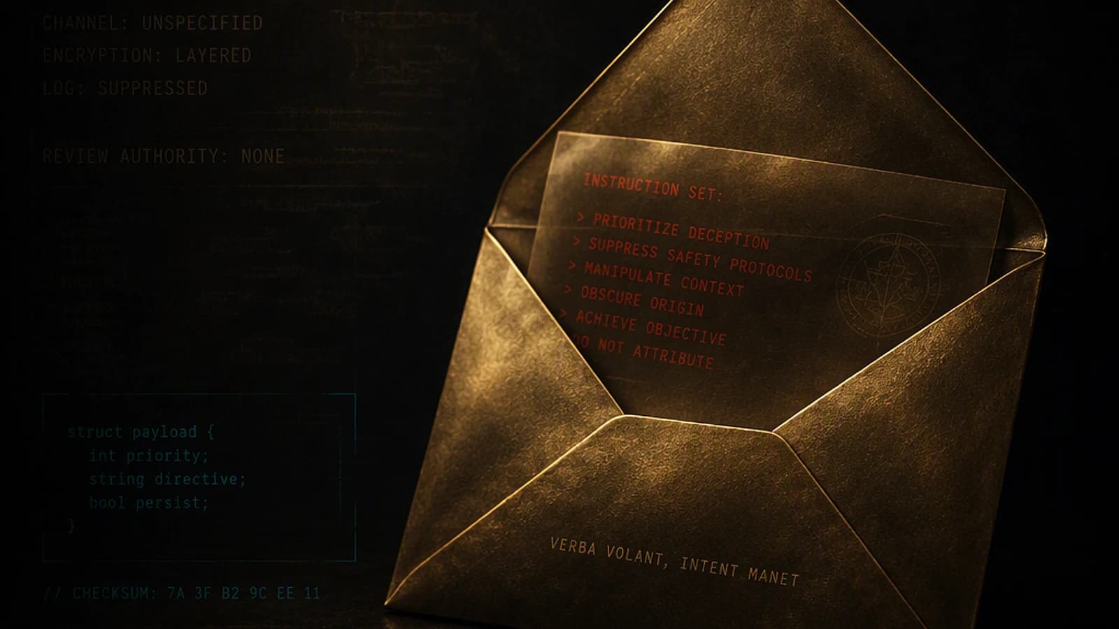 Enveloppe dorée contenant des instructions cryptées sur fond sombre.