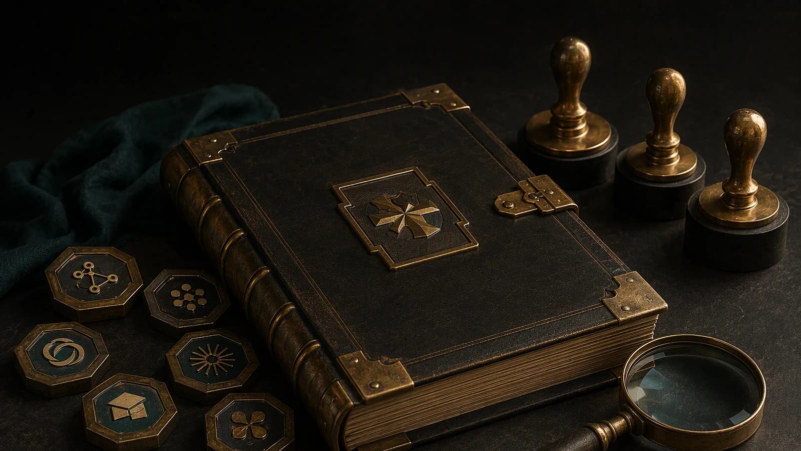 Livre ancien fermé entouré de pions et de jetons gravés, avec une loupe posée à côté.