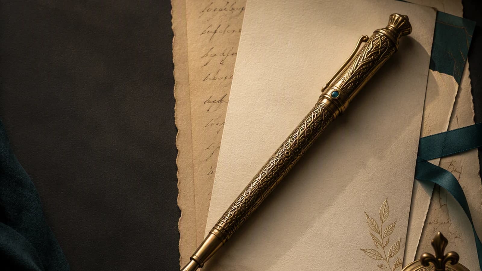 Stylo en métal doré posé sur du papier décoratif crème et noir.