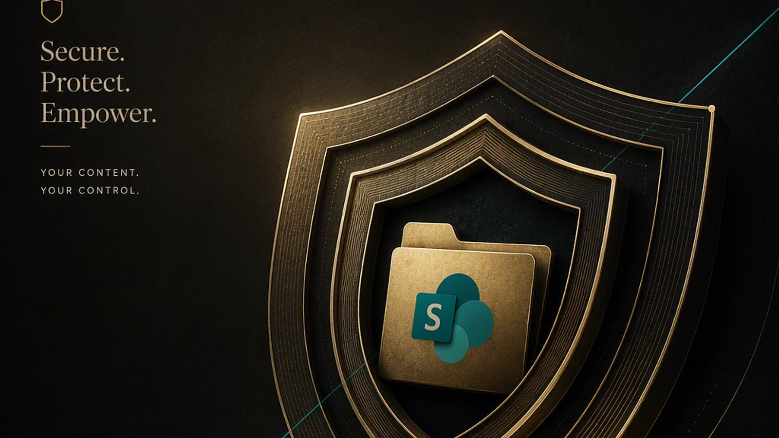 Écusson doré avec l'icône SharePoint sur fond noir.