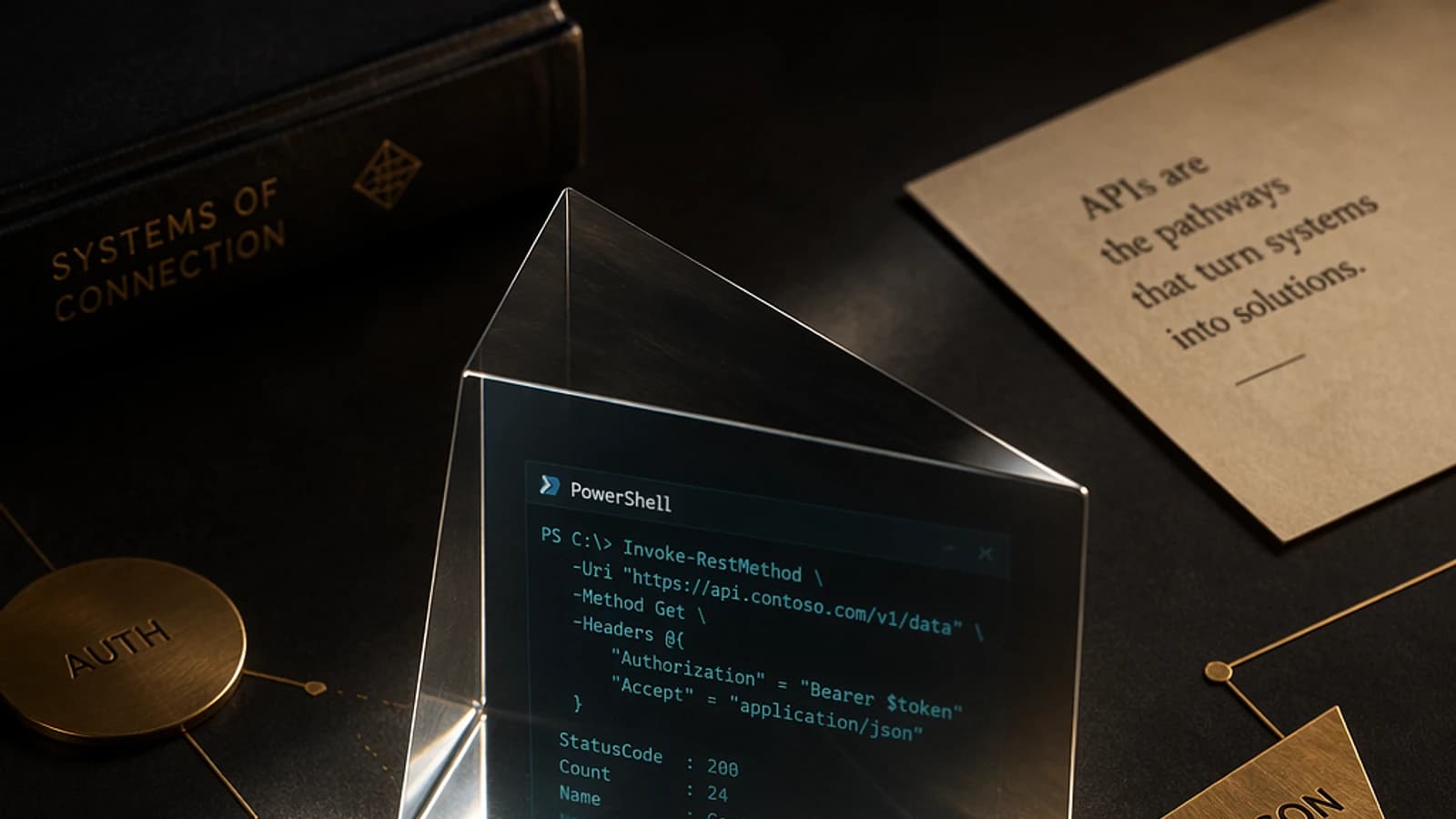 Écran affichant un code PowerShell pour utiliser une API, accessoires sur fond sombre.