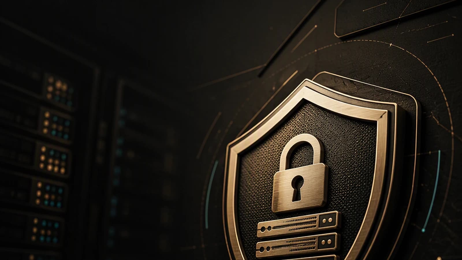 Bouclier de sécurité avec cadenas, sur fond de serveurs informatiques.