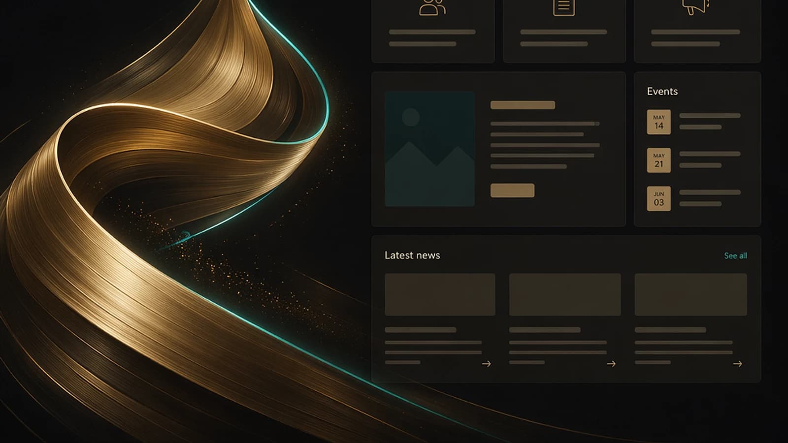 Vague dorée fluide avec éléments de design noir et informations en arrière-plan.