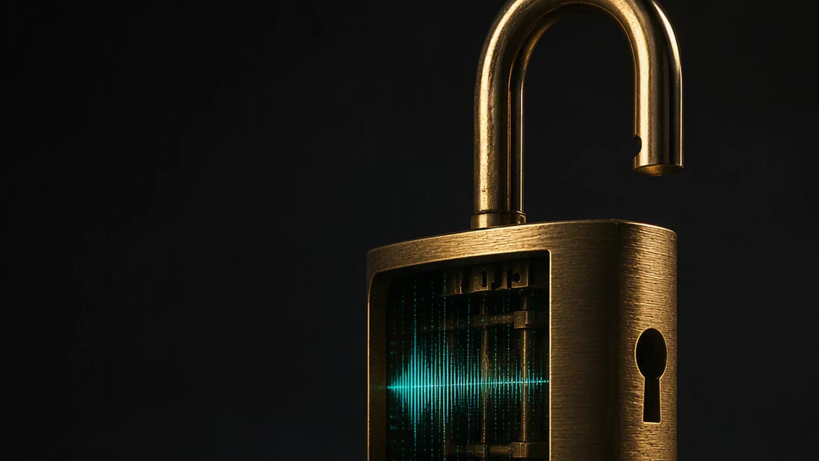 Cadenas doré avec un visuel de son et fond sombre.