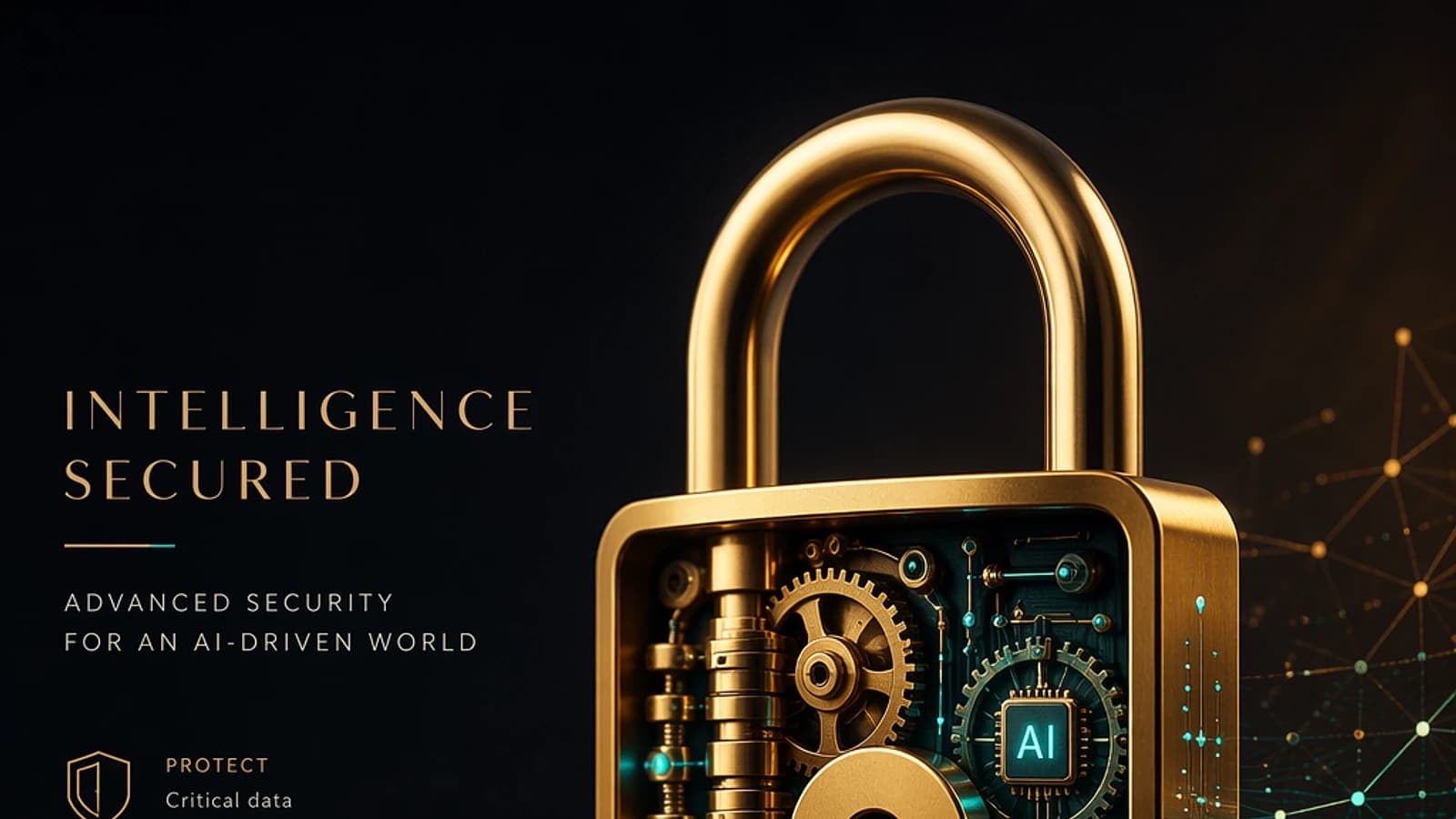 Cadenas doré avec des engrenages et un bouton AI, fond sombre.