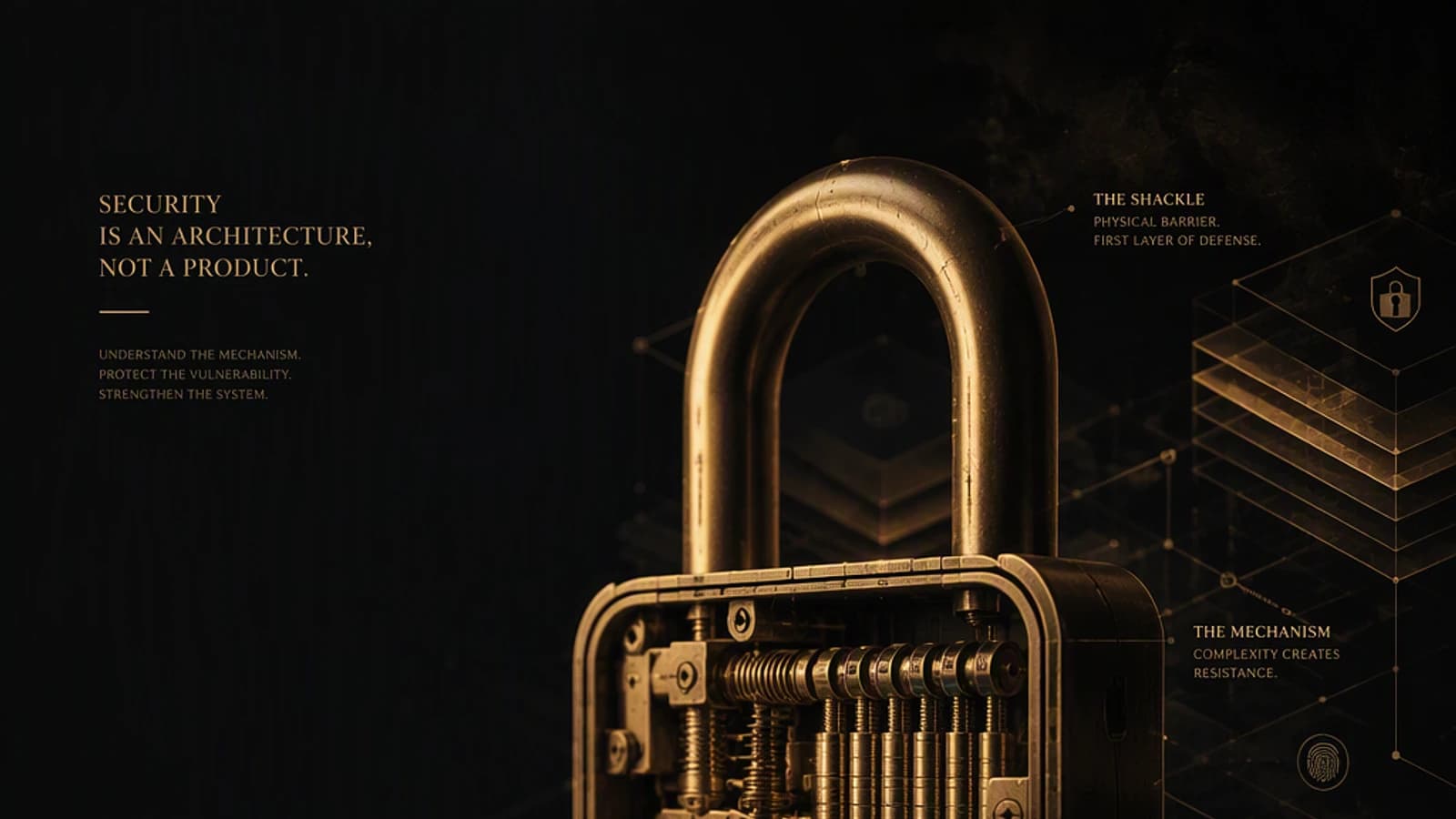 Cadenas doré sur un fond sombre, symbolisant la sécurité et la complexité.