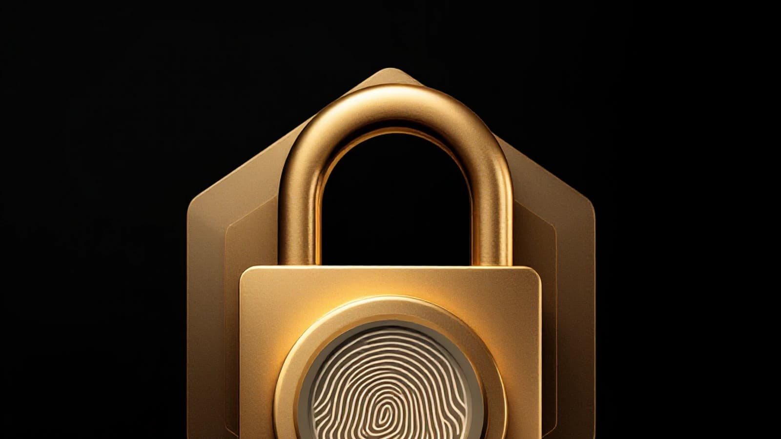 Cadenas doré avec un motif d'empreinte digitale sur fond noir.