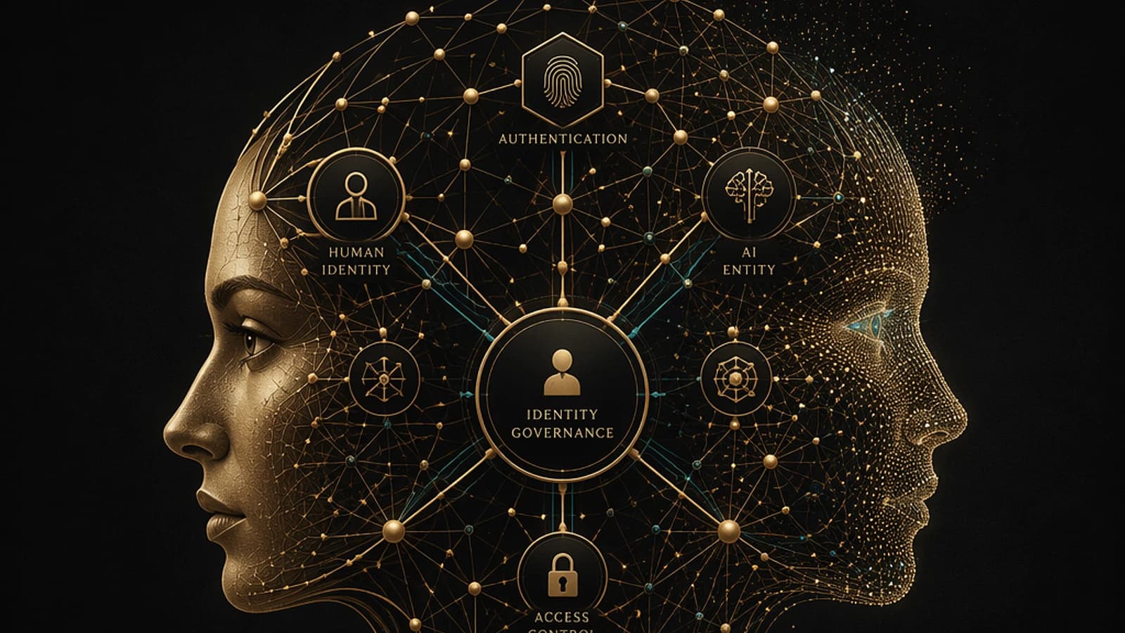 Visage stylisé avec des connexions symbolisant l'identité humaine et l'IA.