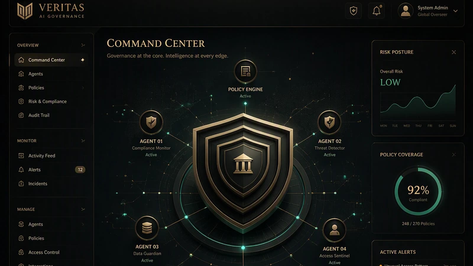 Interface système de gouvernance des agents IA avec indicateurs de risque et conformité.