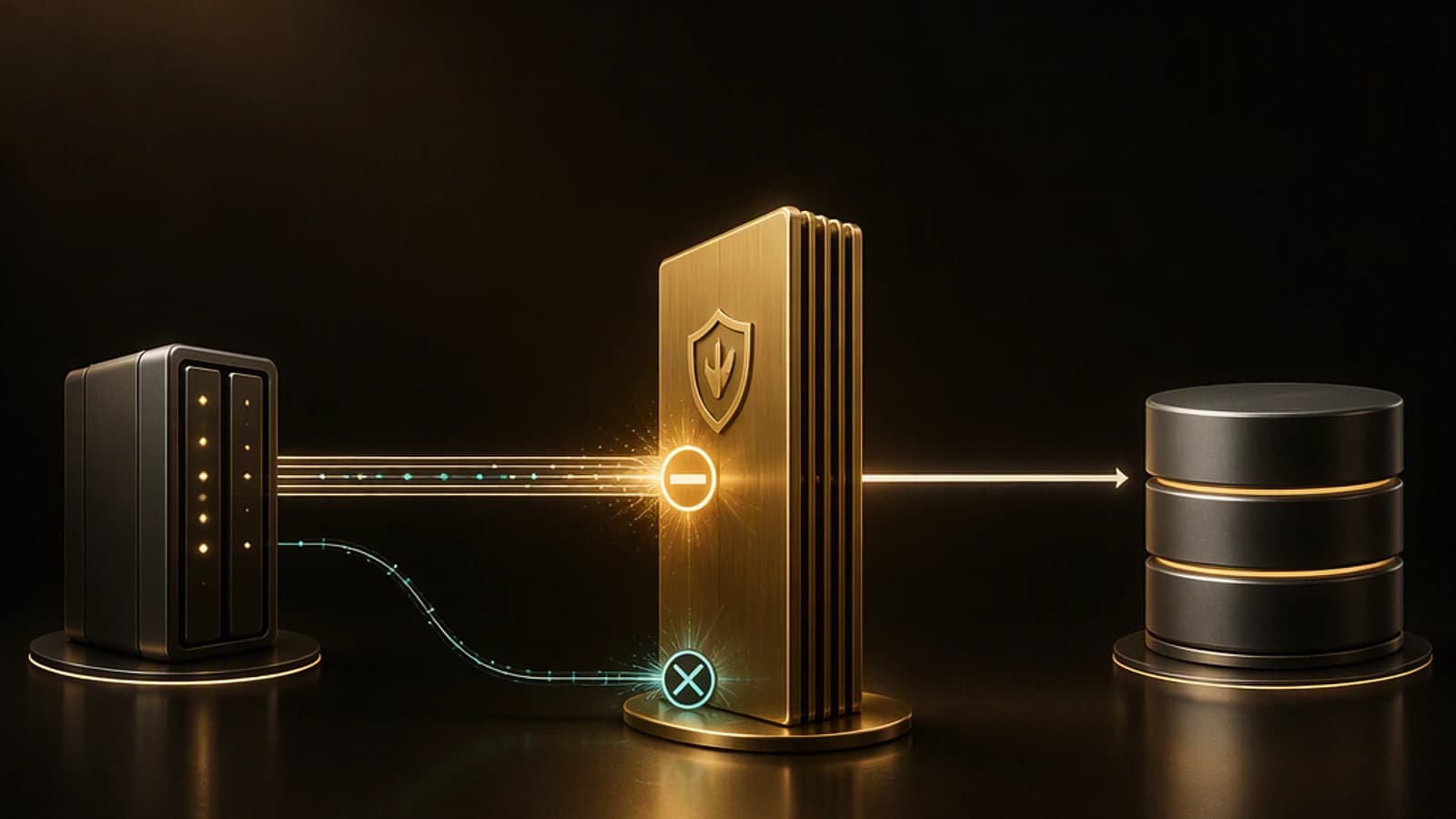 Schéma de flux APIM bloquant une connexion entre un agent et une base de données, avec bouclier et symbole de refus.