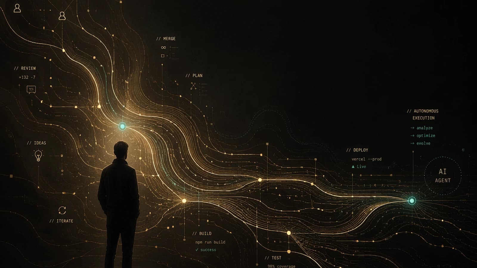 Silhouette d'un homme devant un fond de diagrammes numériques lumineux.