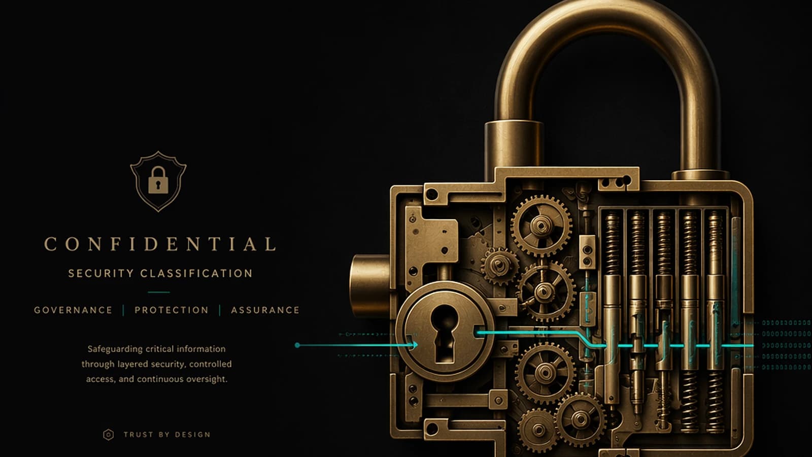 Cadenas en métal doré avec engrenages, affichant une classification de sécurité.