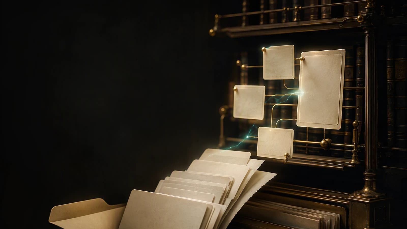 Dossiers et documents reliés par des lignes lumineuses devant des étagères sombres, évoquant une base de connaissances numérique.