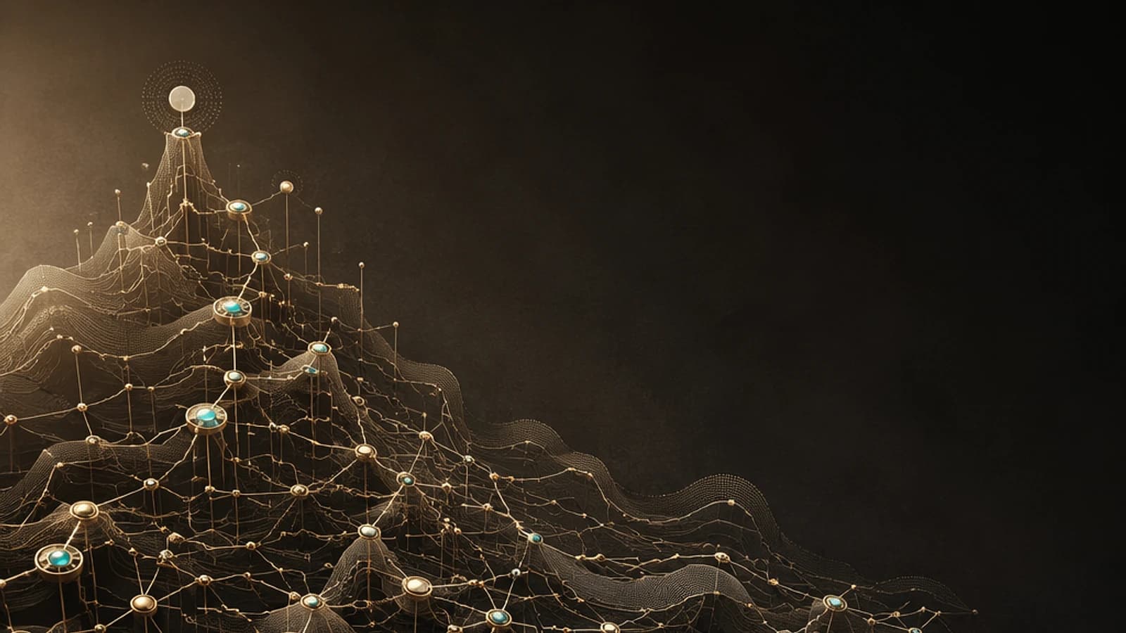 Visualisation abstraite d'un réseau complexe avec des formes ondulées et des points lumineux.