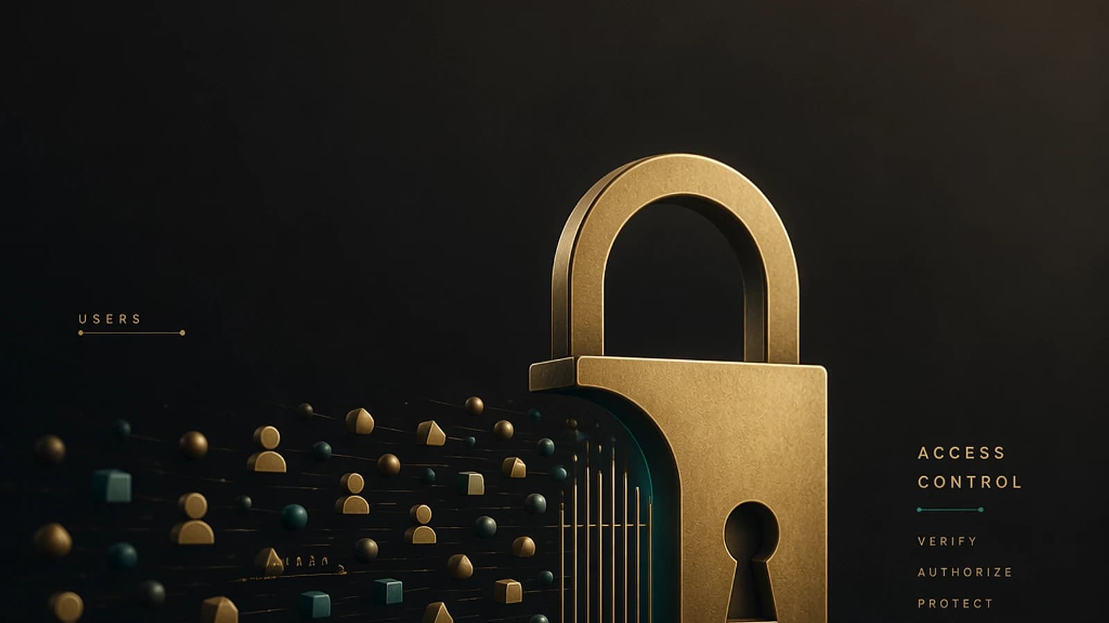 Un cadenas doré symbolisant le contrôle d'accès avec des utilisateurs stylisés au fond.