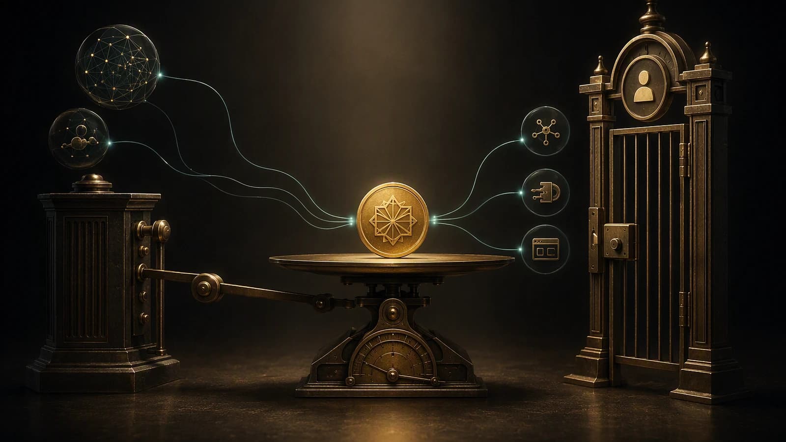 Balance dorée connectant un poste de travail, des outils numériques et une porte sécurisée, symbole du contrôle des coûts et accès.
