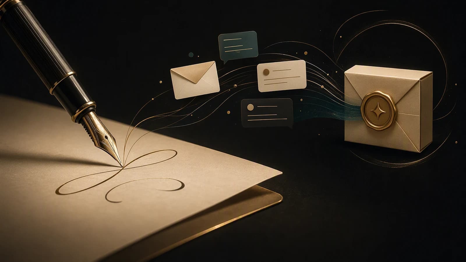 Une plume trace une signature, tandis que des messages et une enveloppe évoquent l’écriture assistée par Copilot.