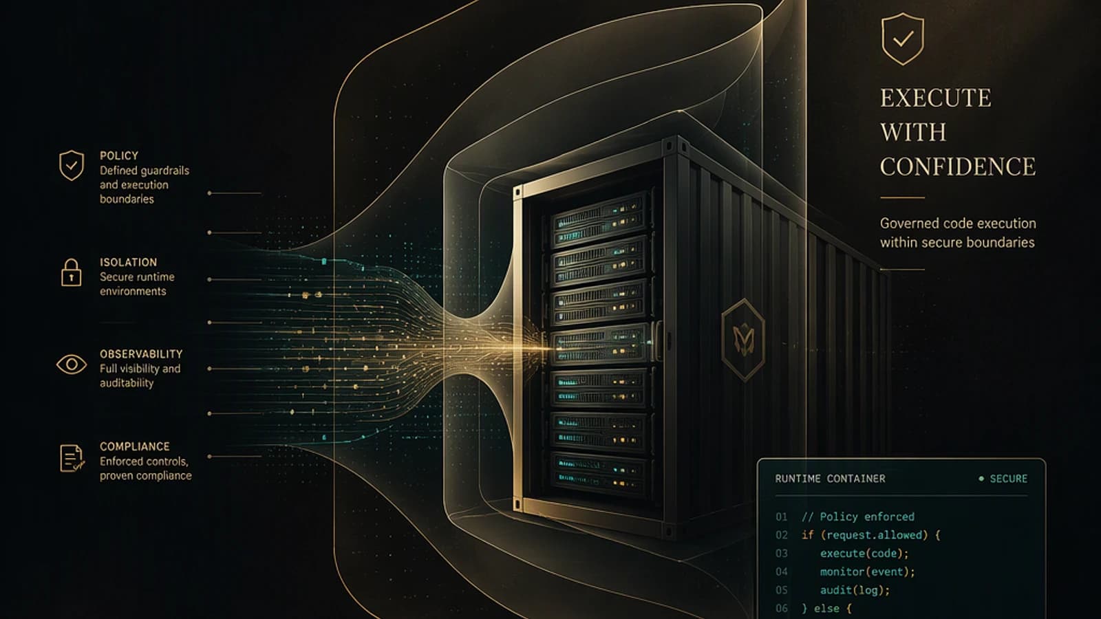 Illustration de l'exécution sécurisée de code avec des éléments de technologie et de sécurité.