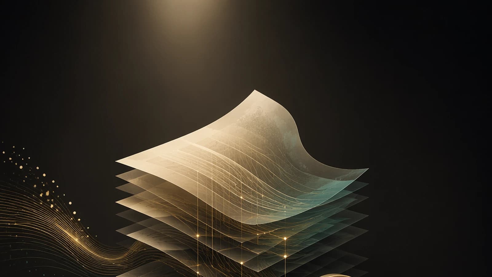 Couches translucides superposées avec des lignes dorées sur fond sombre.