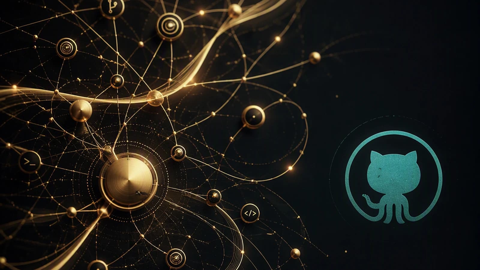 Réseau complexe de cercles dorés sur fond noir avec logo GitHub.