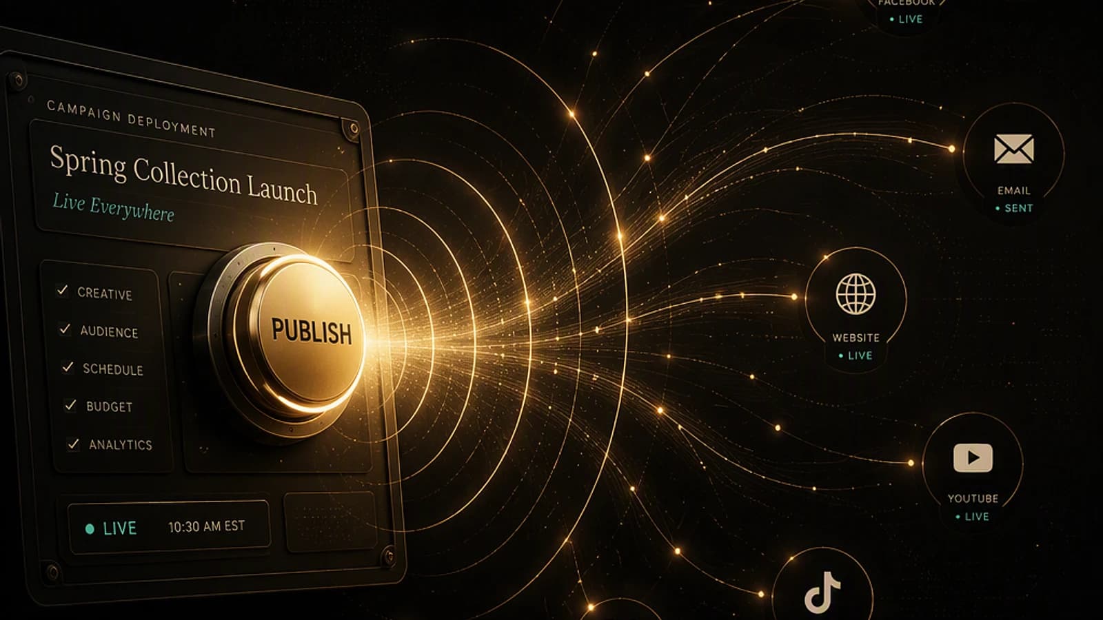 Bouton \\\"PUBLISH\\\" lumineux entouré de flux de données vers diverses plateformes.