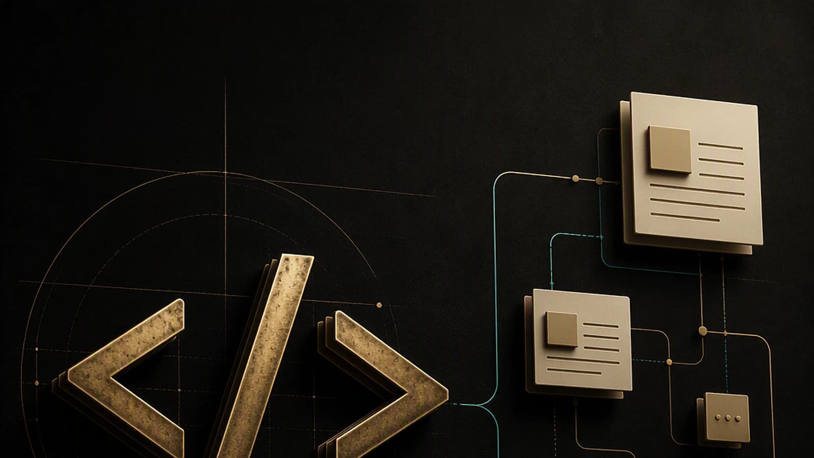 Symboles de code accompagnés de schémas de blocs sur fond sombre.