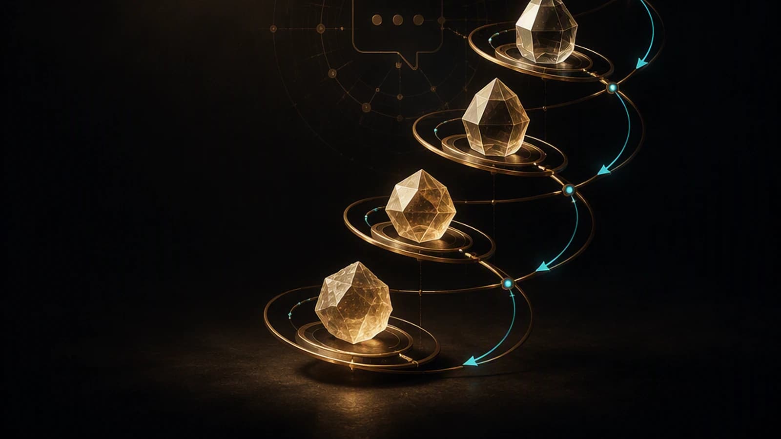 Trois formes géométriques transparentes sur des orbites lumineuses ascendantes.