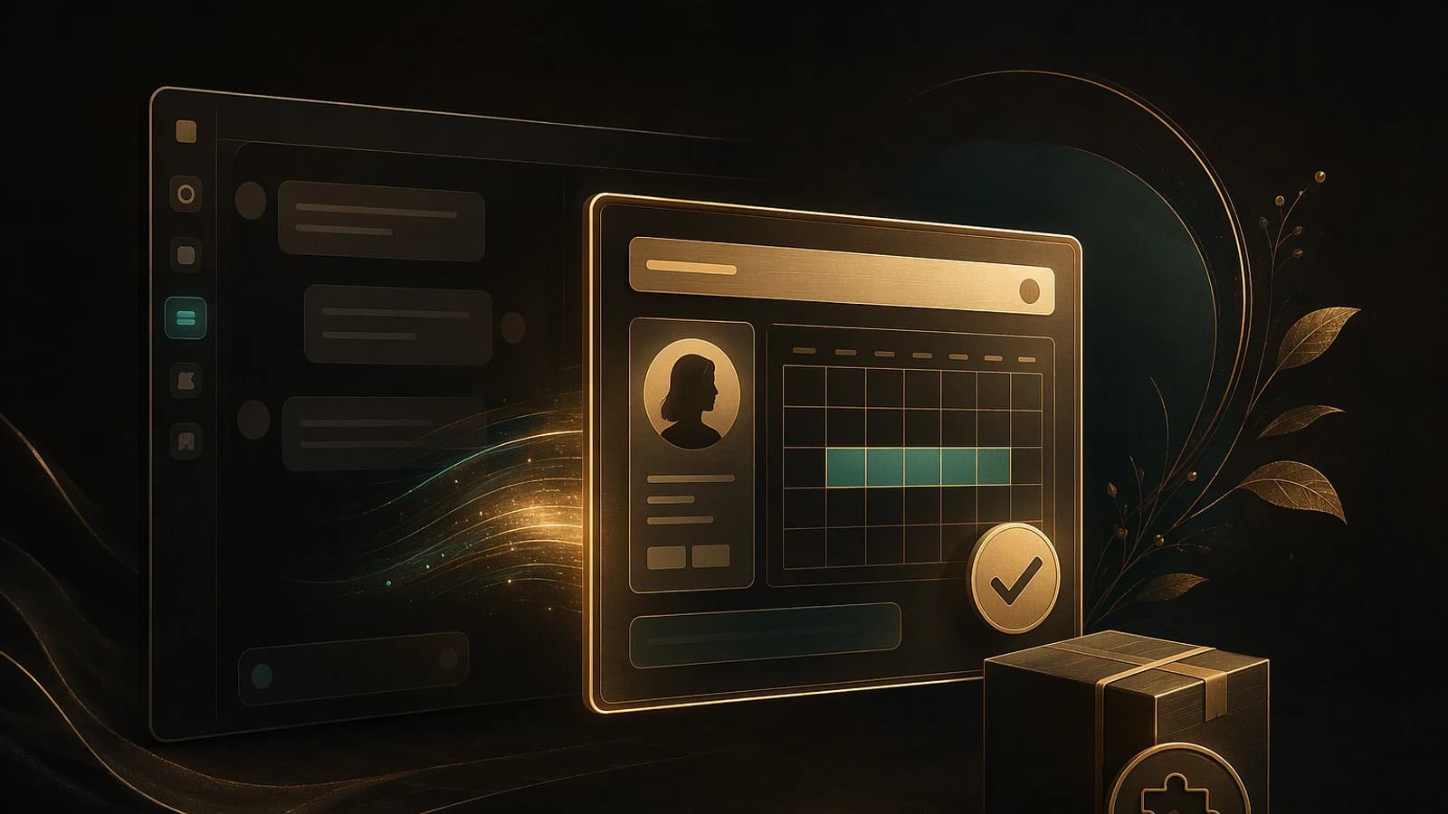 Interface d’un agent RH numérique avec profil, calendrier, badge de validation et colis sécurisé, aux accents dorés et turquoise.