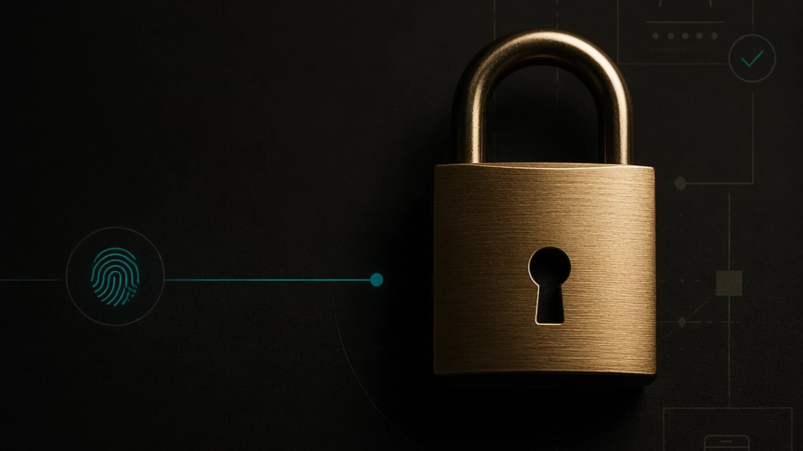 Cadenas doré sur fond noir avec une empreinte digitale stylisée.