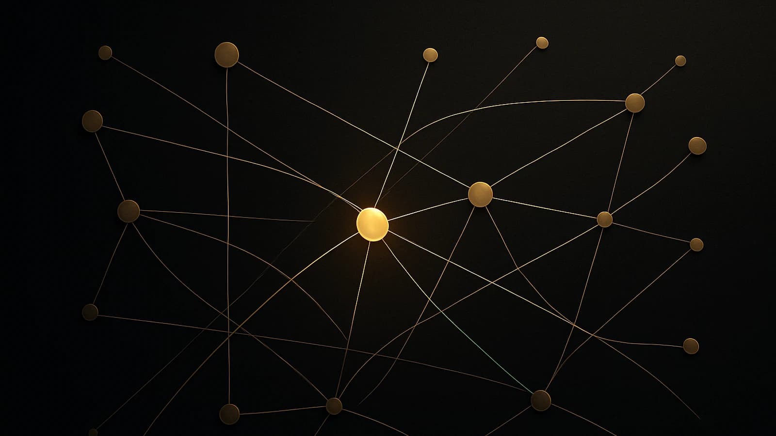 Réseau de nodes interconnectés sur fond noir avec un point central lumineux.